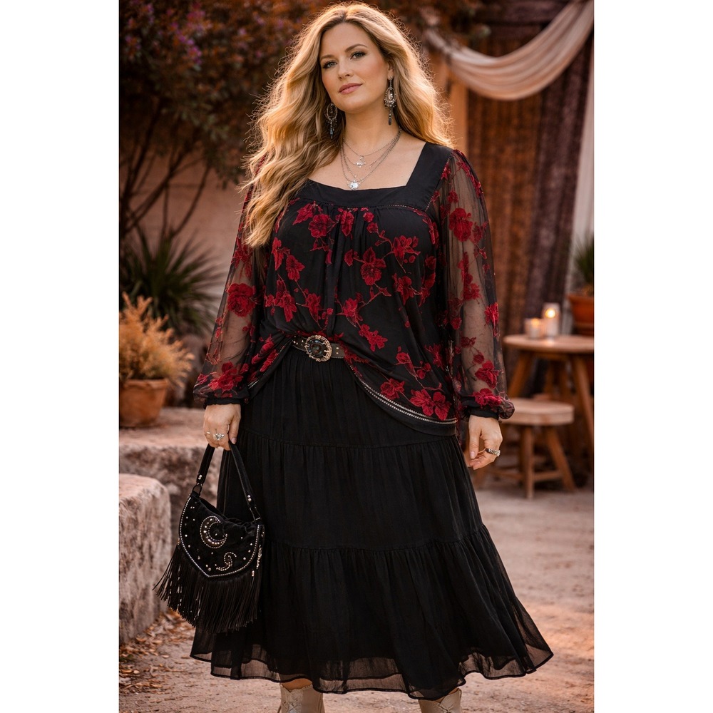 Boho Whimsigoth ECI NY Black Square Neck Red Velvet Floral Burnout 18 Blouse